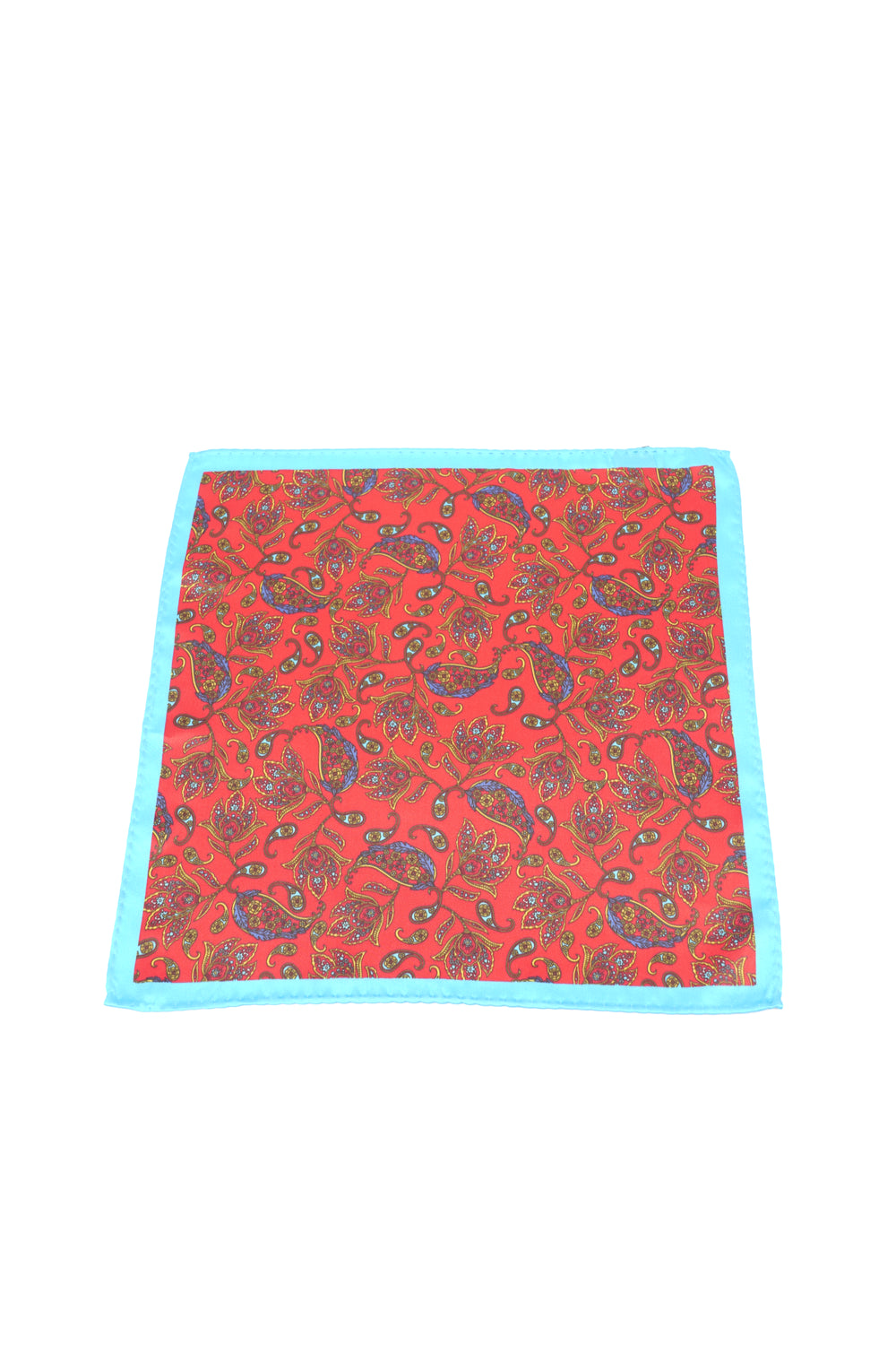 Batistă de buzunar roșie cu imprimeu paisley și margine albastră