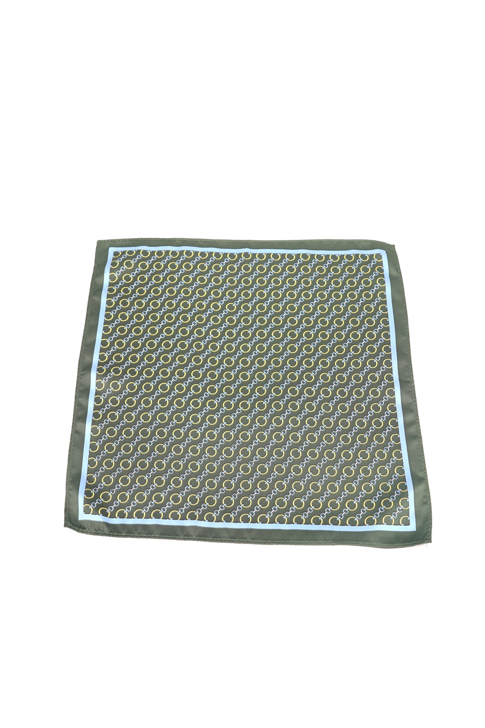 Batistă de buzunar verde-oliv cu imprimeu geometric și margine albastră