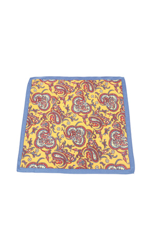Batistă de buzunar galbenă cu imprimeu paisley multicolor și margine albastră