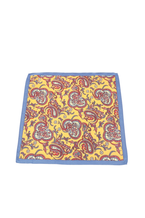 Batistă de buzunar galbenă cu imprimeu paisley multicolor și margine albastră