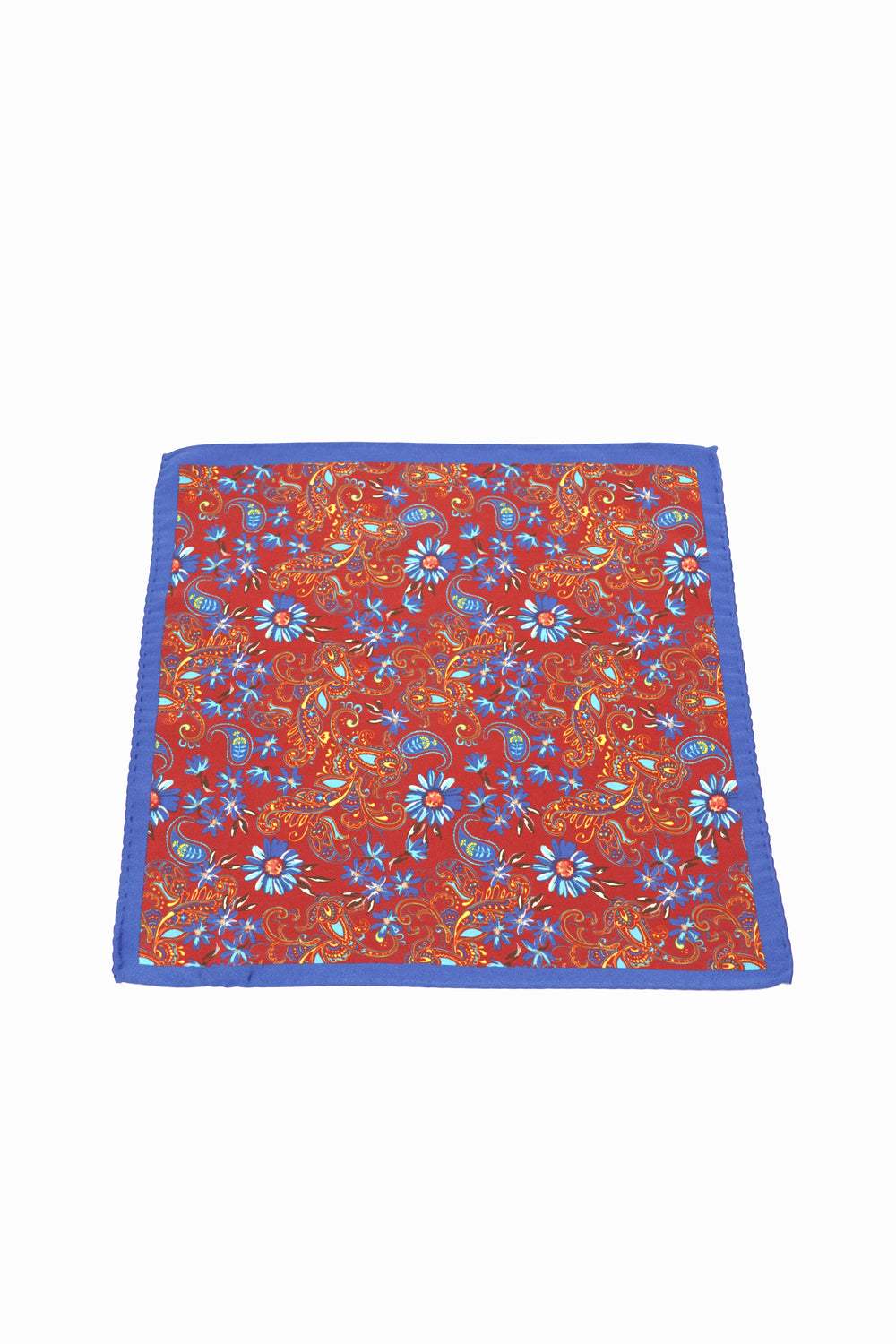 Batistă de buzunar roșie cu imprimeu floral și paisley multicolor, margine albastră