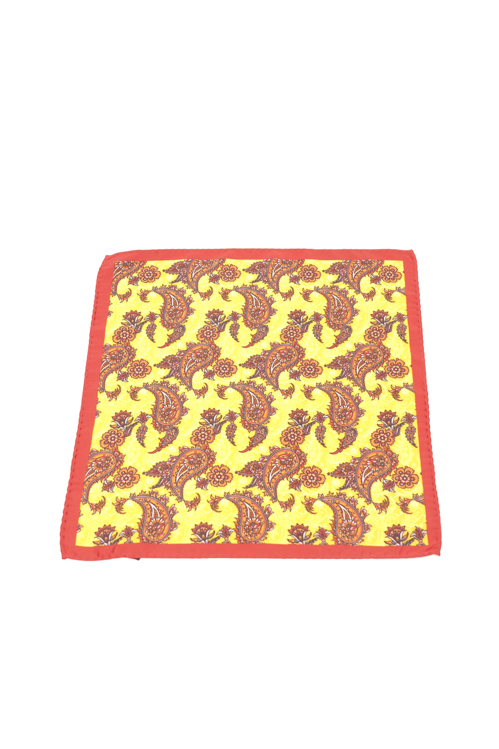 Batistă de buzunar galbenă cu imprimeu paisley roșu și margine roșie