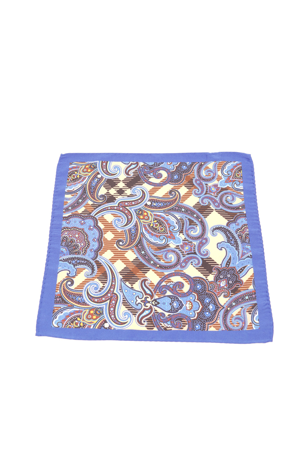 Batistă de buzunar cu imprimeu paisley albastru și maro pe fundal crem, margine albastră