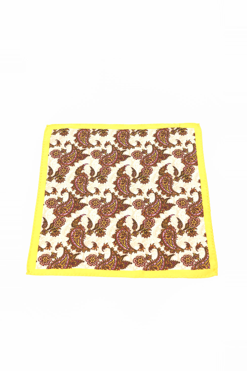 Batistă de buzunar crem cu imprimeu paisley maro-violet și margine galbenă