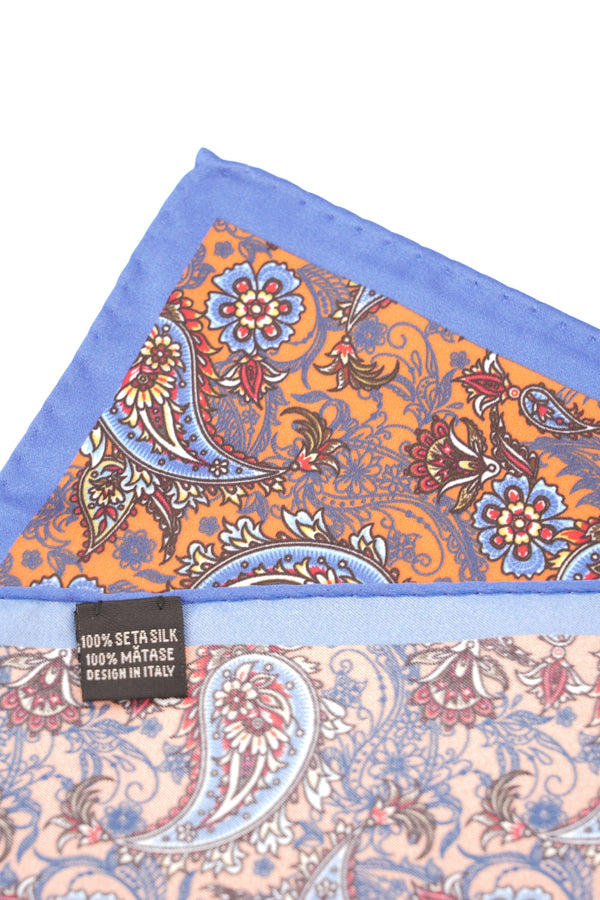Batistă de buzunar portocalie cu model paisley albastru