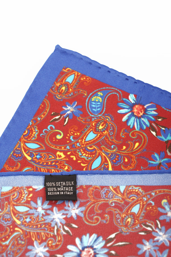Batistă de buzunar roșie cu imprimeu floral și paisley multicolor, margine albastră