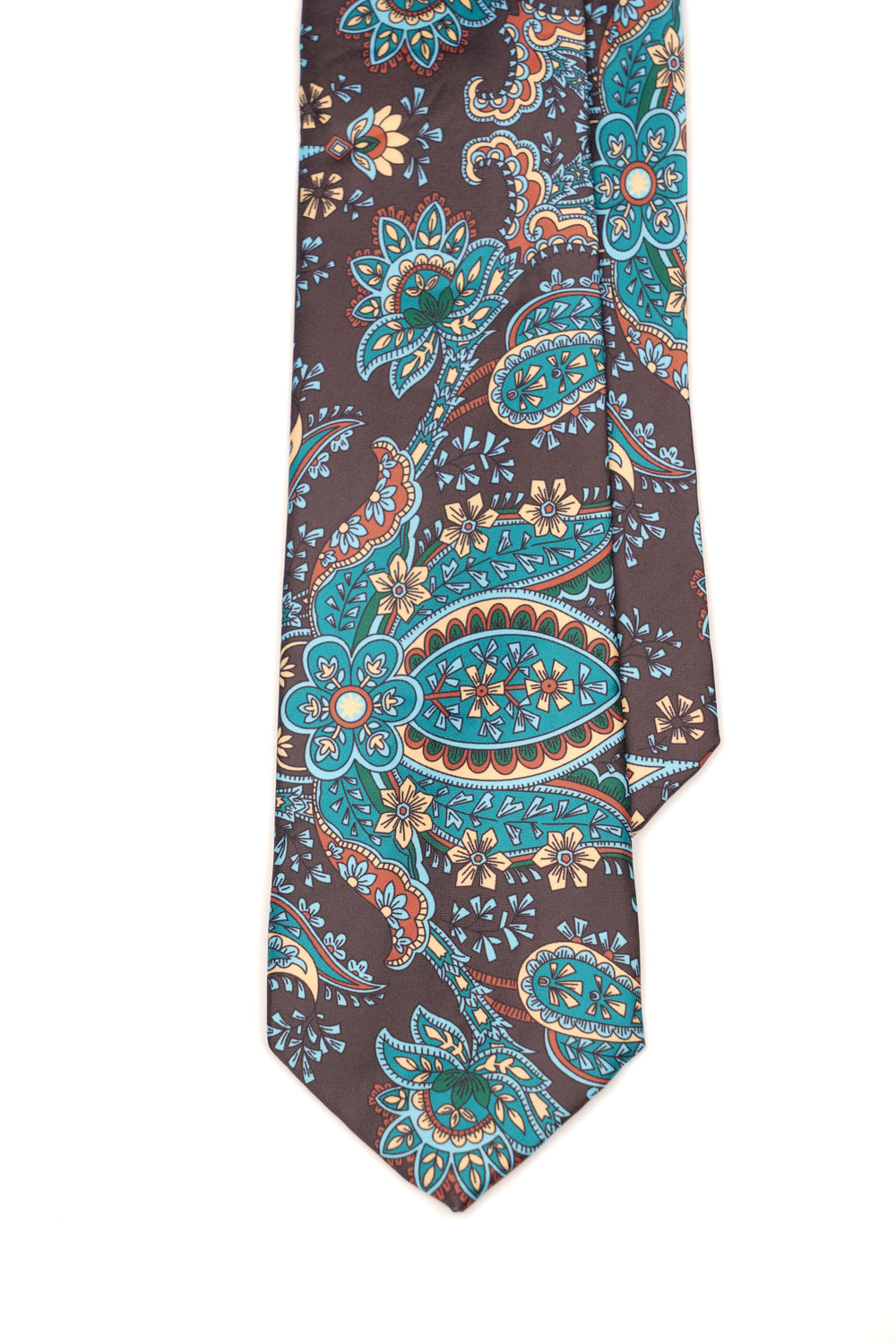Cravată clasică maro cu imprimeu paisley verde și auriu