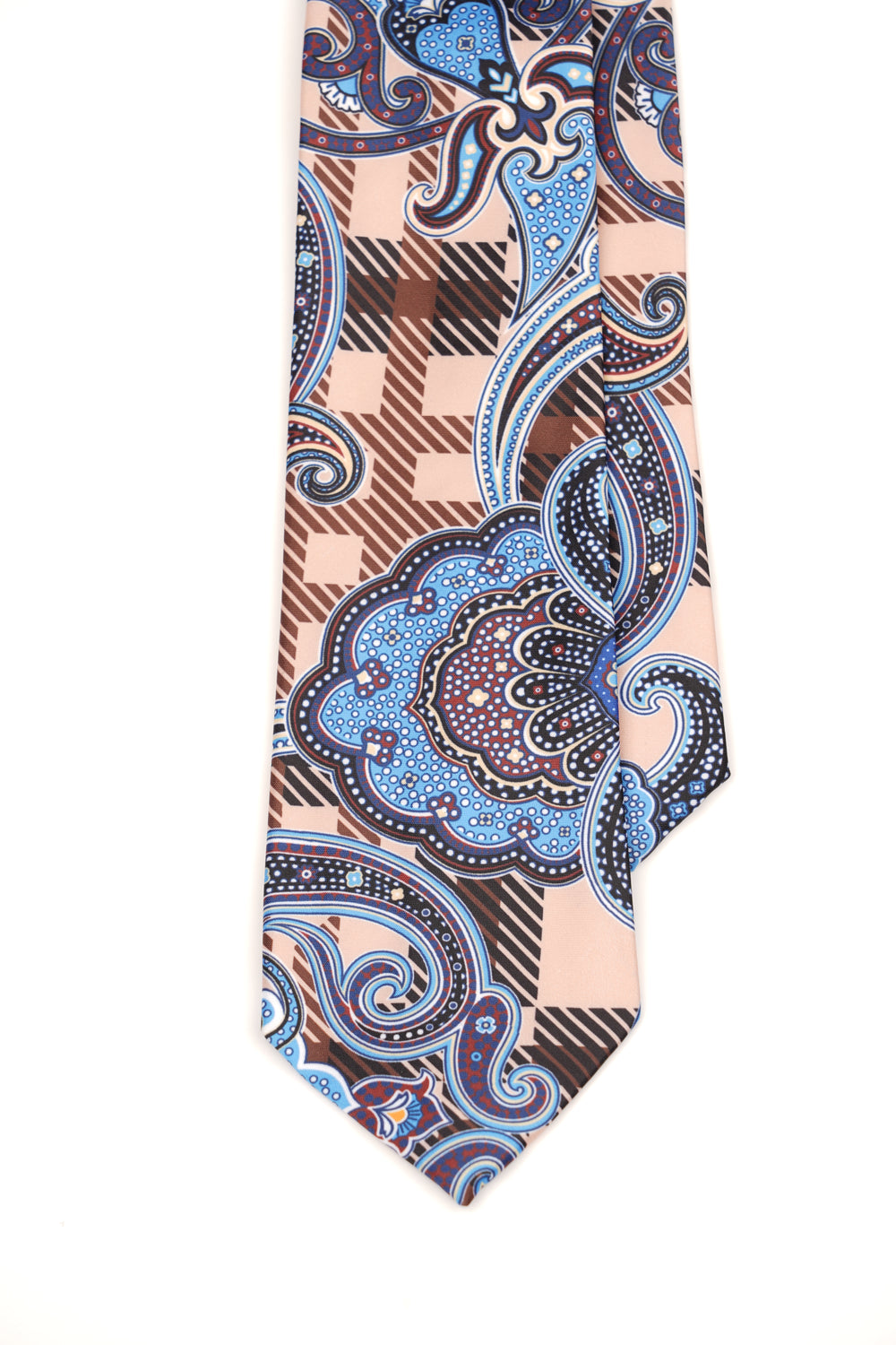 Cravată clasică bej cu imprimeu paisley și carouri albastre