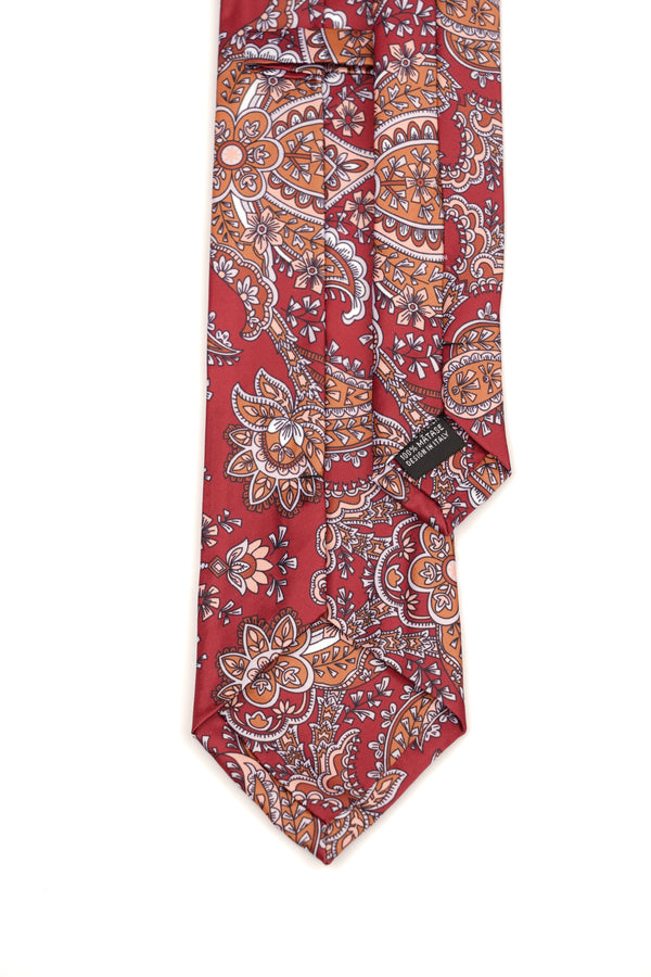 Cravată clasică burgundy cu imprimeu paisley portocaliu