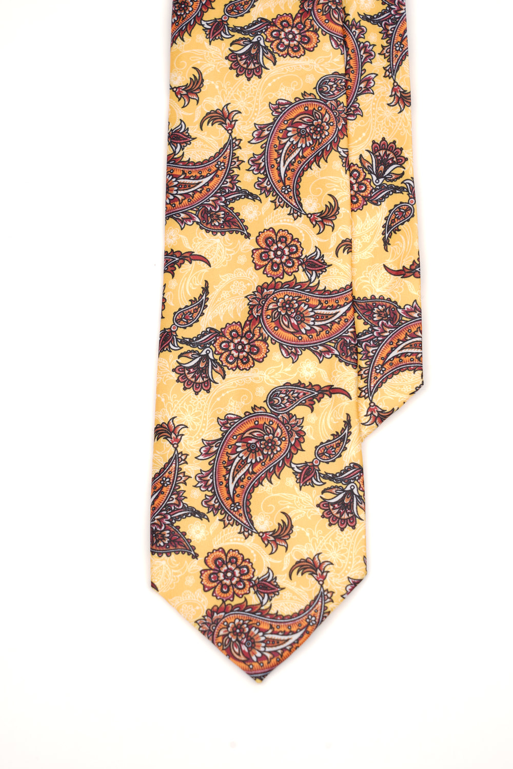 Cravată clasică galbenă cu imprimeu paisley roșu