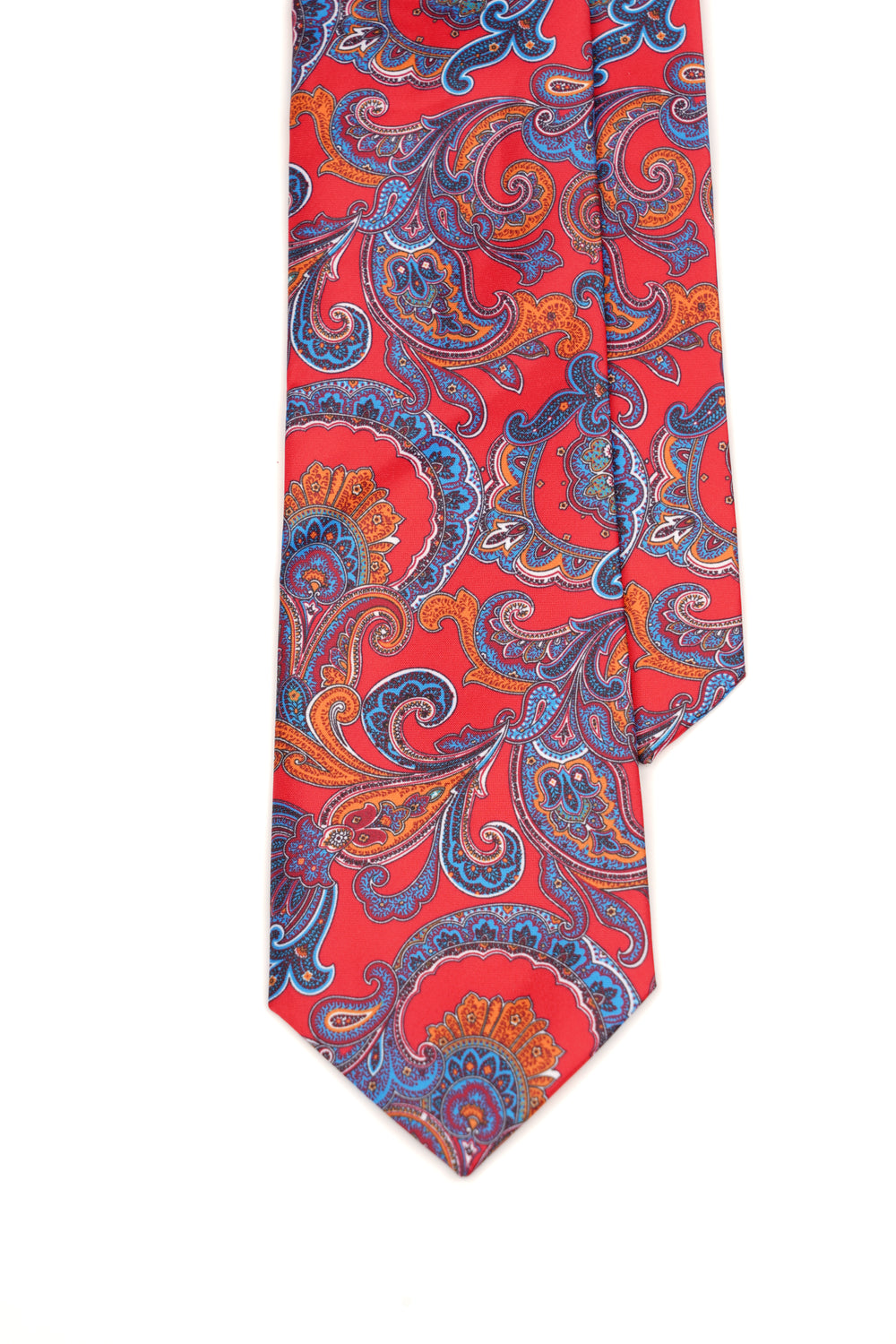 Cravată clasică roșie cu model paisley albastru și portocaliu