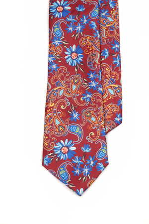 Cravată burgundy cu imprimeu floral albastru și detalii paisley