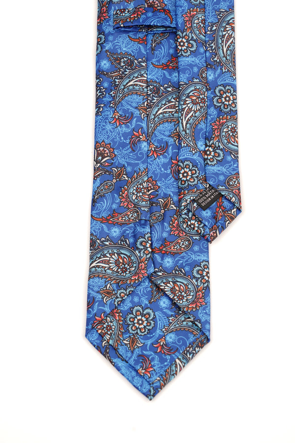 Cravată albastru intens cu model paisley și floral rafinat