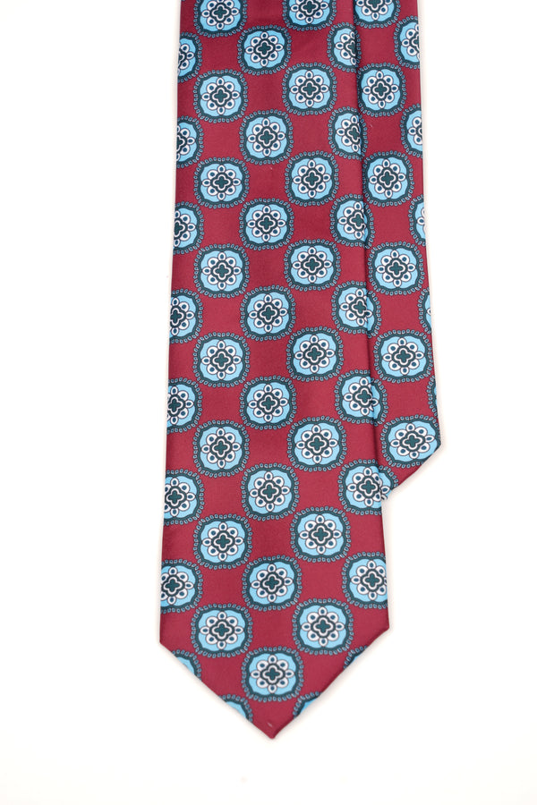 Cravată bordo cu model geometric albastru deschis