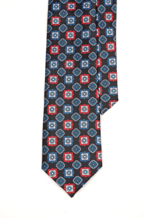 Cravată neagră cu model geometric roșu și albastru
