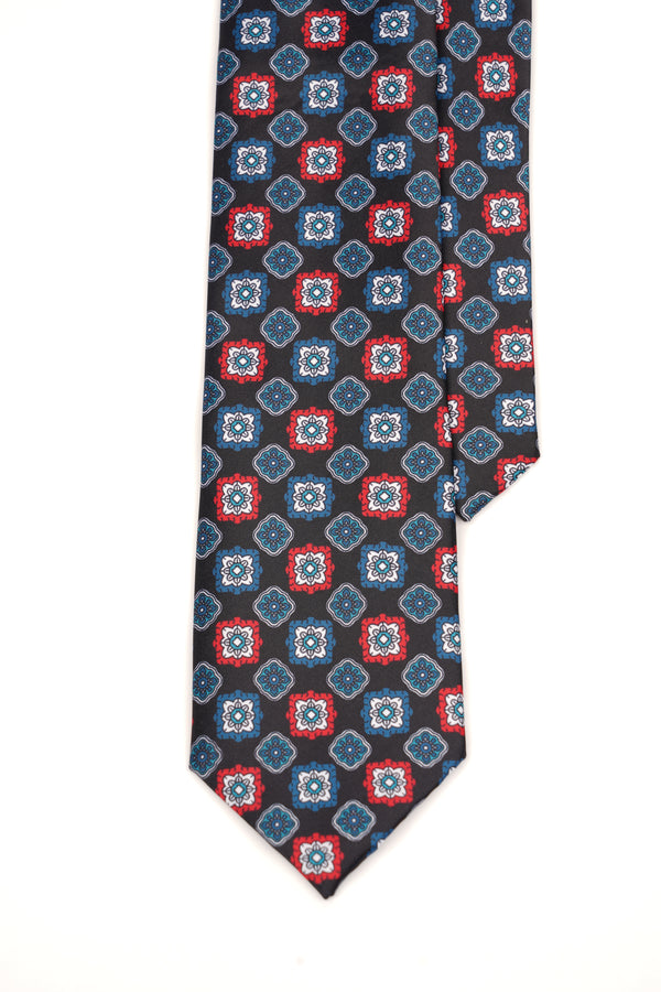 Cravată neagră cu model geometric roșu și albastru