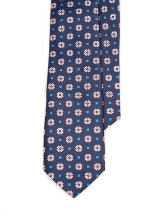 Cravată bleumarin cu model geometric roz și albastru