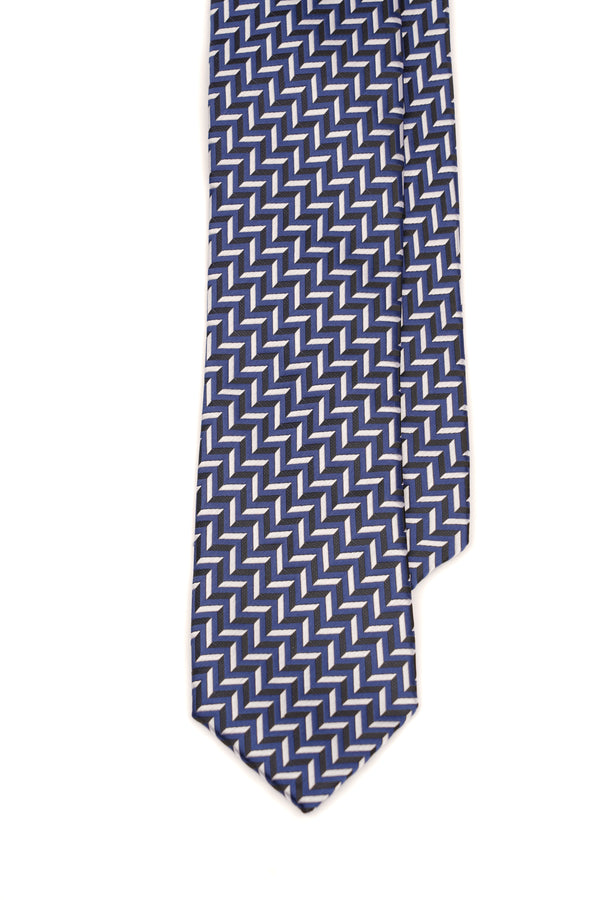 Cravată navy din mătase cu model geometric alb-gri