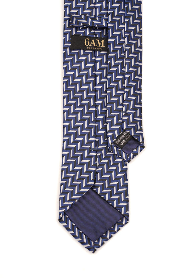 Cravată navy din mătase cu model geometric alb-gri