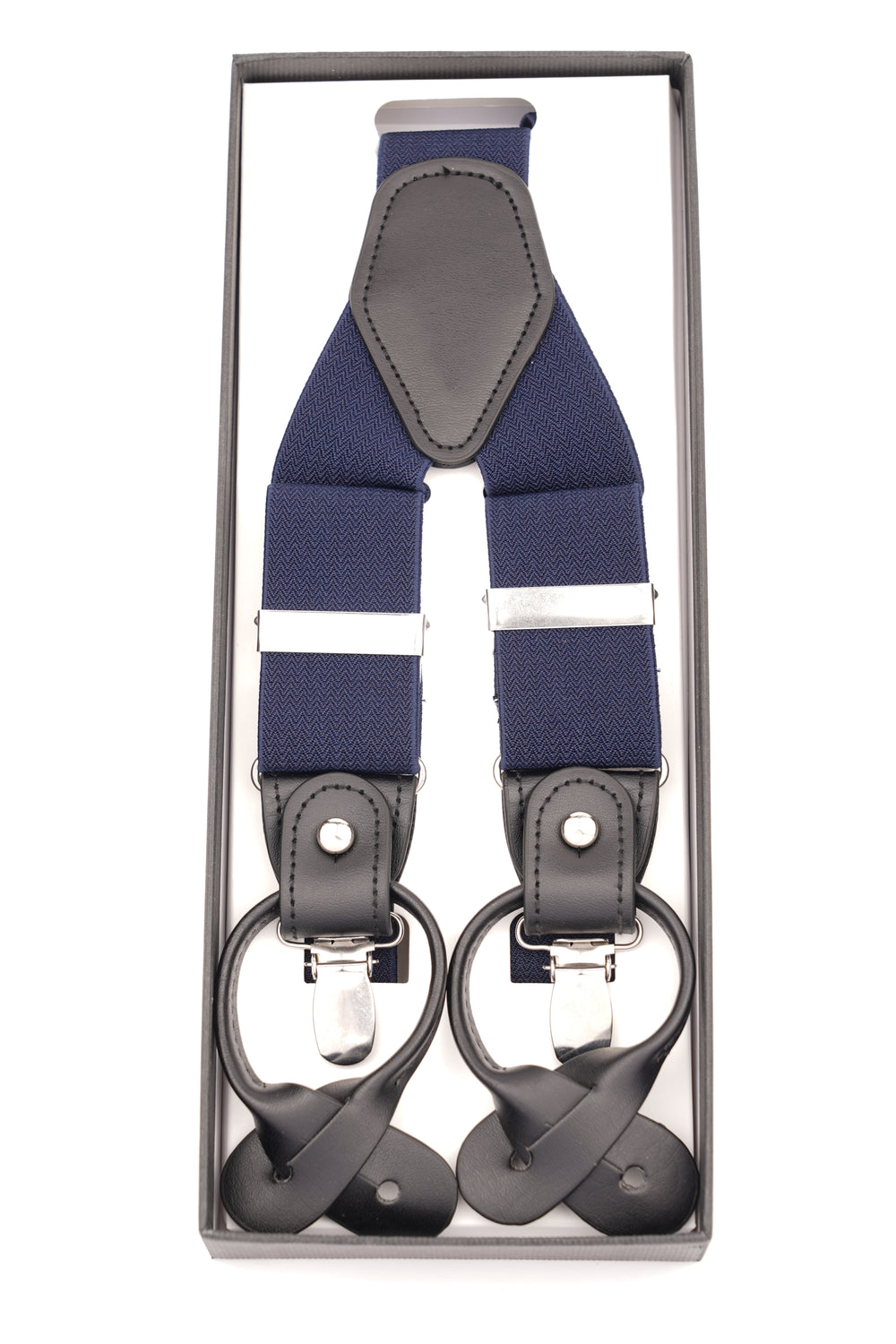 Bretele late bleumarin cu piele și prindere dublă