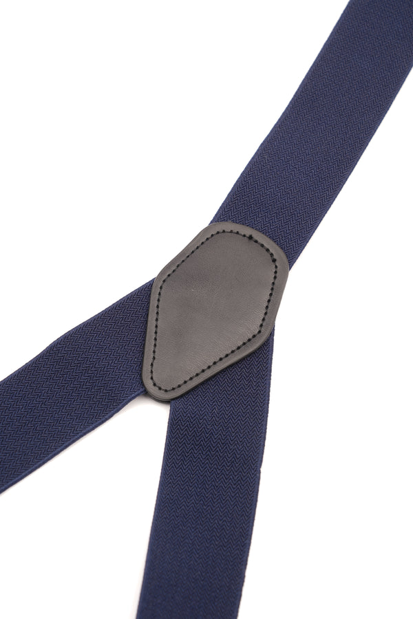 Bretele late bleumarin cu piele și prindere dublă
