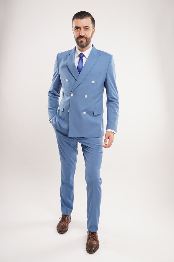 Costum Bărbați Albastru la Două Rânduri de Nasturi din Lână