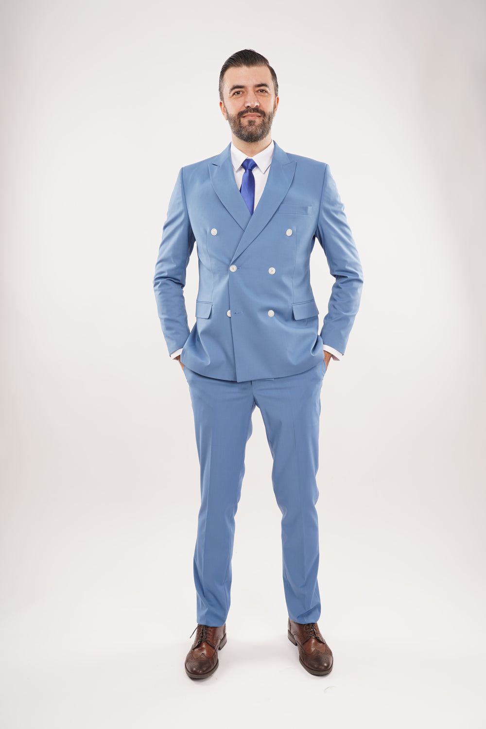 Costum Bărbați Albastru la Două Rânduri de Nasturi din Lână