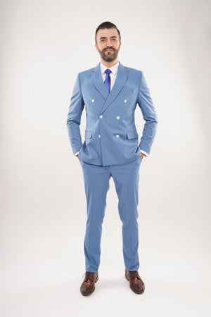 Costum Bărbați Albastru la Două Rânduri de Nasturi din Lână