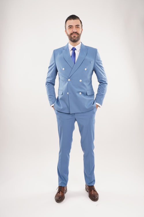 Costum Bărbați Albastru la Două Rânduri de Nasturi din Lână