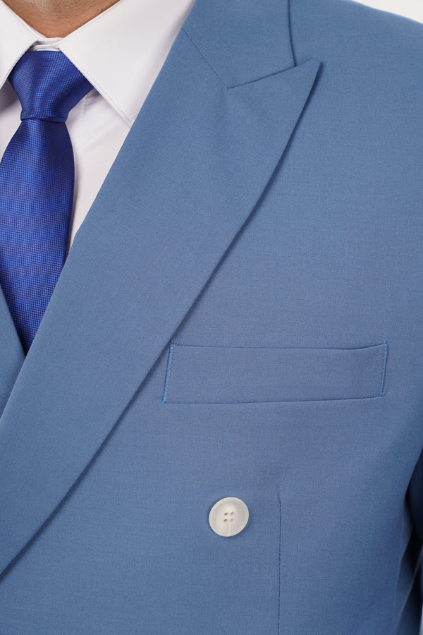 Costum Bărbați Albastru la Două Rânduri de Nasturi din Lână