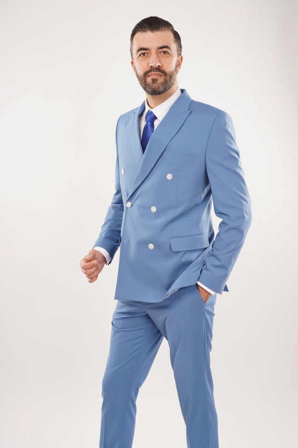 Costum Bărbați Albastru la Două Rânduri de Nasturi din Lână