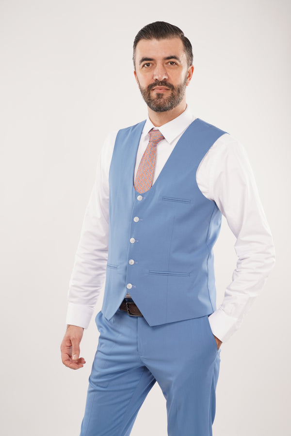 Costum Bărbați Albastru la Două Rânduri de Nasturi din Lână