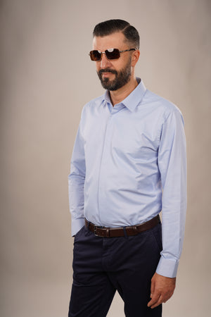 Cămașă Bărbați Albastră din Bumbac cu Nasturi Acoperiți Slim Fit