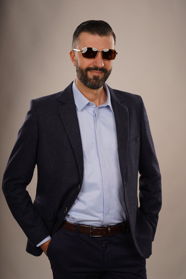 Cămașă Bărbați Albastră din Bumbac cu Nasturi Acoperiți Slim Fit