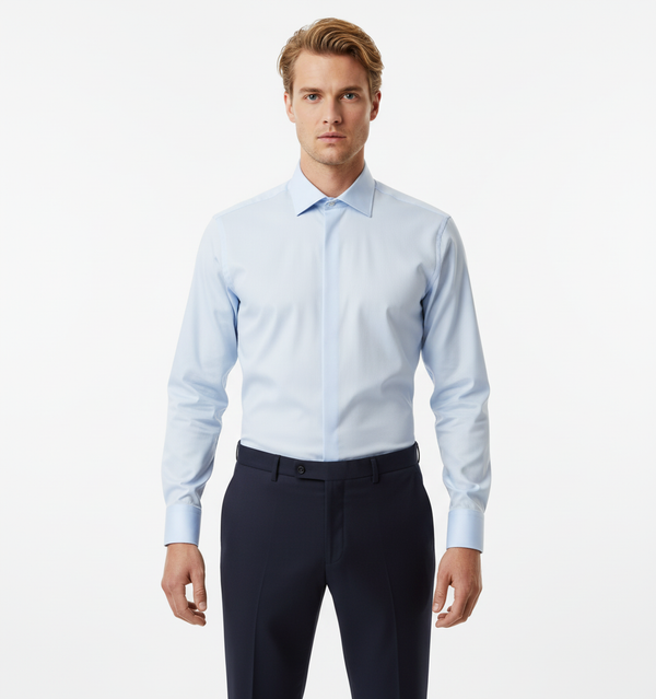 Cămașă Bărbați Albastră din Bumbac cu Nasturi Acoperiți Slim Fit 6AMCA00003