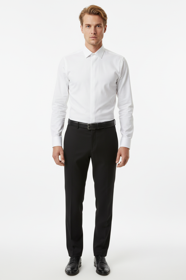 Cămașă Bărbați Albă din Bumbac cu Nasturi Acoperiți