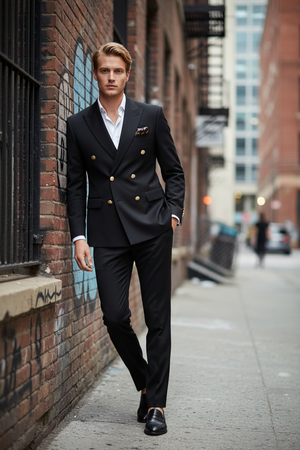 Costum la Două Rânduri de Nasturi - Negru Texturat 6AM101