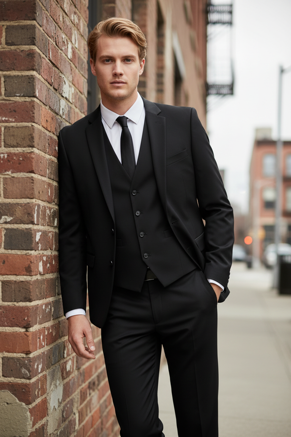 Costum Clasic din Lână Fină - Negru Texturat 6AM101