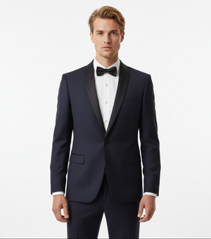 Smoking din Lână Premium Extrafină cu Rever Satinat - Bleumarin 6AM1009342