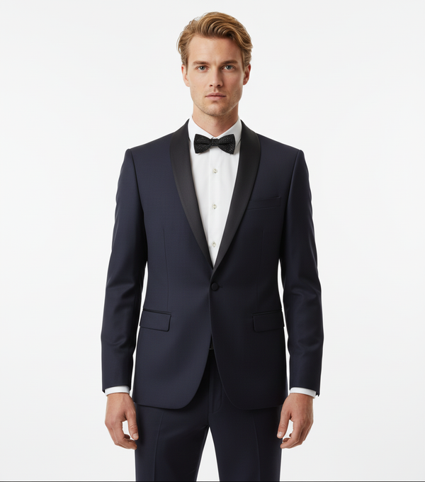 Smoking din Lână Premium Extrafină cu Rever Satinat - Bleumarin 6AM1009342