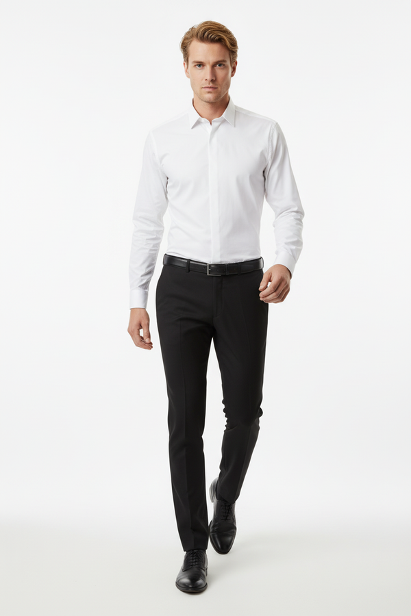 Cămașă Bărbați Albă din Bumbac cu Nasturi Acoperiți