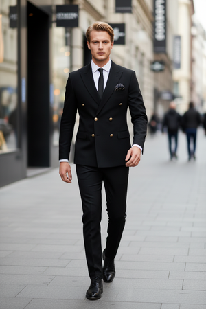 Costum la Două Rânduri de Nasturi - Negru Texturat 6AM101