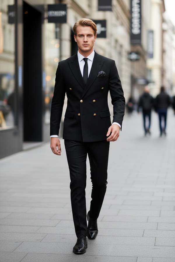 Costum la Două Rânduri de Nasturi - Negru Texturat 6AM101