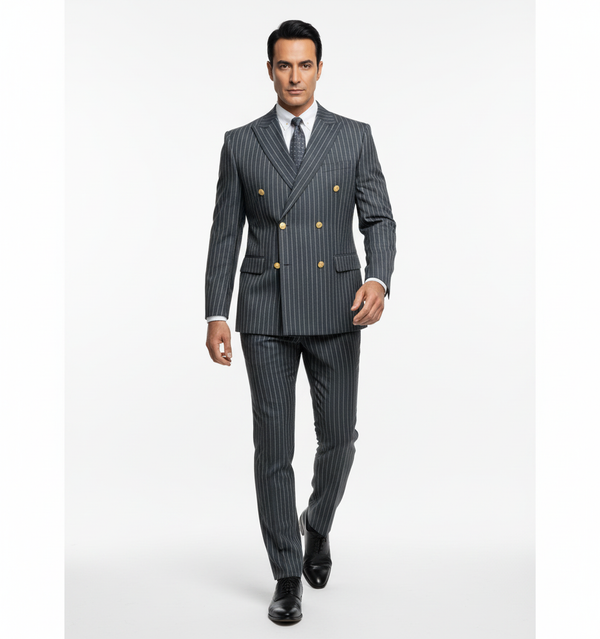 Costum la Două Rânduri de Nasturi - Bleumarin-Antracit cu Dungi Albe 6AMA340