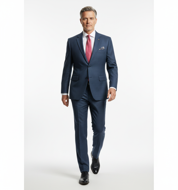 Costum Clasic din Lână - Bleumarin cu Carouri Negre 6AM002