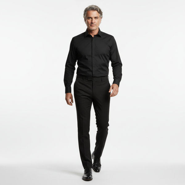 Cămașă Bărbați Neagră din Bumbac cu Nasturi Acoperiți