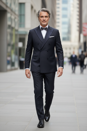 Smoking la Două Rânduri de Nasturi din Lână Premium Extrafină - Bleumarin 6AM1009342