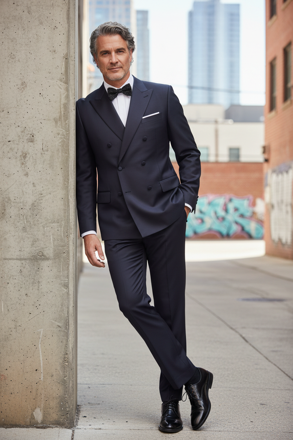 Smoking la Două Rânduri de Nasturi din Lână Premium Extrafină - Bleumarin 6AM1009342