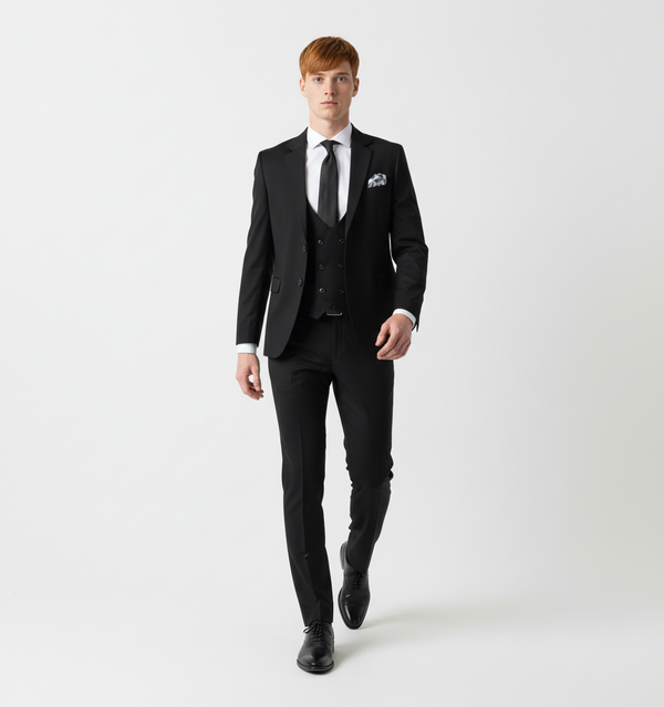 Costum Clasic din Lână Fină în Trei Piese - Negru 6AM310