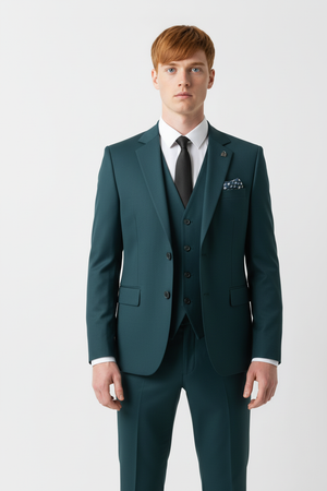 Costum Clasic din Lână în Trei Piese - Turquoise 6AMA163